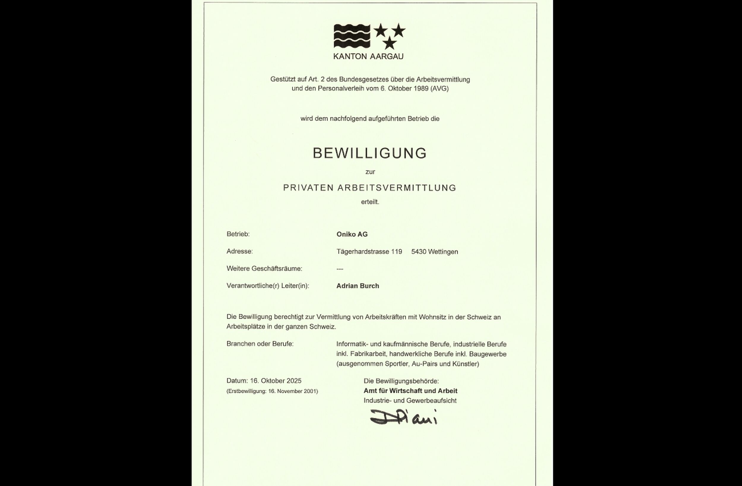 Bewilligung Privaten Arbeitsvermittlung 2025